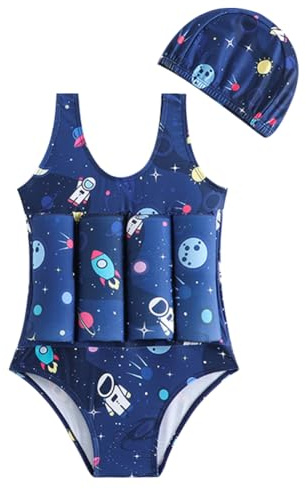 IDOPIP Toddler Boys Floatation Swimsuit Baby Float Suit Swim Vest with Built-in Buoyancy Floaties One Piece Bathing Suit for Kids Floating Swimwear Beachwear Navy Blue Astronaut 6-7 Years
