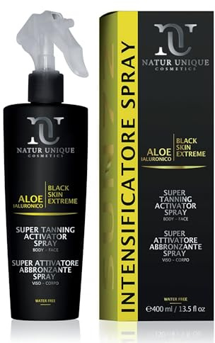 Natur Unique Black Skin Extreme Super Abbronzante Spray 400ml - Acceleratore Rapido con Aloe Vera e Acido Ialuronico - Intensificatore Viso Corpo Idratante Anti-Sale Olio Solare Acqua Crema Booster
