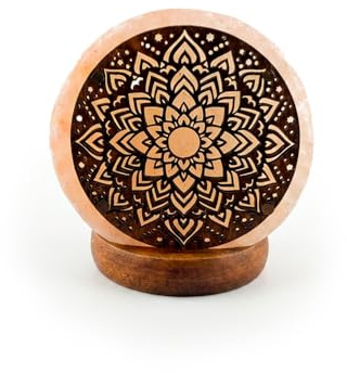 AROMASENSES - Lámpara de Sal del Himalaya USB con Base de Madera | 100% Natural | Hecha a Mano | Luz Fija. (Flor Mandala)