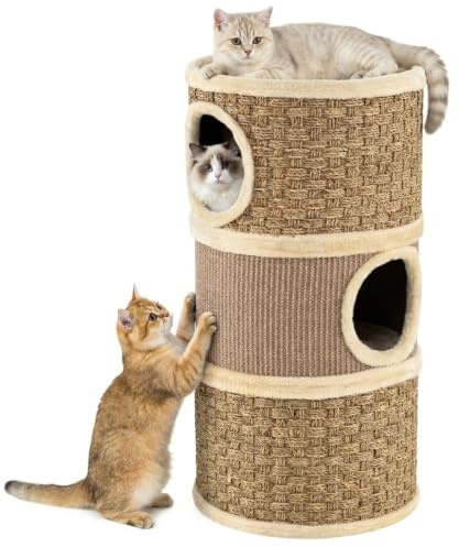 Maxmass Cat Condo with Sisal Scratching Pad (36 x 36 x 70 cm,Khaki + Brown)