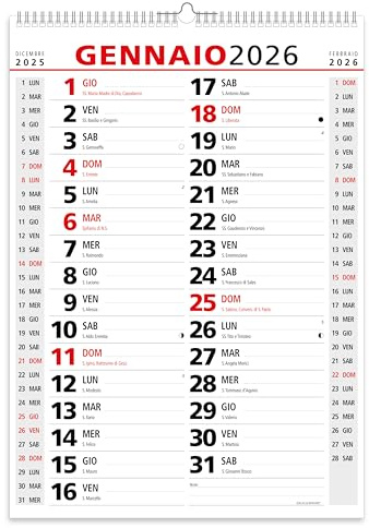 Calendario 2026 da Muro Olandese Classico - 14 Fogli - 3 mesi per pagina con Feste Settimane Lune e Santi in Carta ECOLOGICA Certificata FSC® Mix Credit - 42x29,7 cm - 1 PZ.