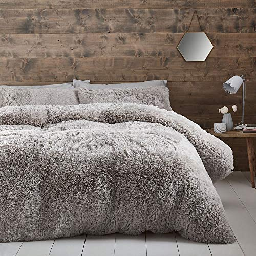 Cuddly Catherine Lansfield Deep Pile Faux Fur Double Duvet Cover Set with Pillowcases Silver Grey