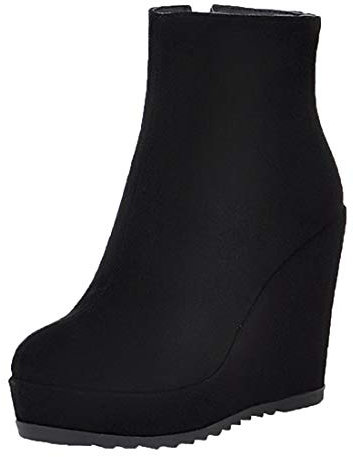 MISSUIT Damen Keilabsatz Plateau Stiefeletten High Heels mit Reißverschluss Ankle Boots Wedges Herbst Winter Schuhe(Schwarz,39)