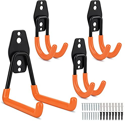 Ganci Garage, hicoosee Ganci da Metallo Ganci per Appendere Bici Resistente Peso Massimo 35 KG Doppio Ganci per Appendere Utensili Elettrici, Scala, Articoli Sfusi, Arancia 4 Pezzi