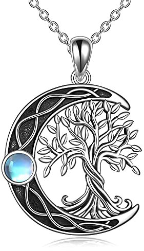 YAFEINI Collier arbre de vie 925 Argent Sterling Pierre de lune noeud Celtique Pendentif Collier pour Femmes Bijoux (Collier lune arbre de vie)