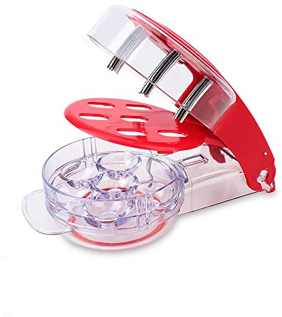 MEETOZ Dénoyauteur à cerises – Outil de retrait multiple en acier inoxydable avec noyaux et récipient à jus pour la fabrication de tartes aux cerises et confitures, couleur rouge