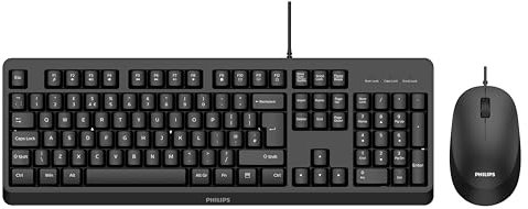 PHILIPS SPT6207BL Wired Keyboard Mouse Combo, Optical sensor, Splash resistant, Multimedia shortcut keys, Ergonomic design,home office, PC/laptop