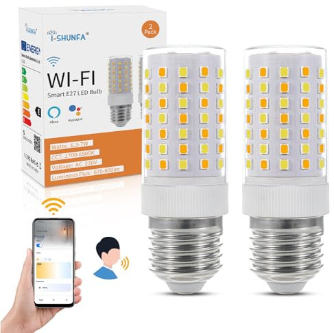 Lampadina LED Smart E27, compatibile con Alexa/Google Home, AC 230 V, dimmerabile, 2700 K-6500 K, luminosità regolabile 1%-100%, 6,3-7 W, 670 lm-800 lm, Smart Home LED pannocchie (confezione da 2)