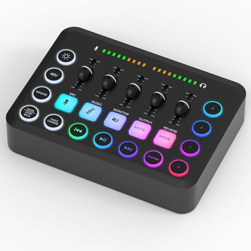 Geekria Gaming Audio Mixer, Streaming RGB PC Mixer with XLR Microphone Interface, Individual Control/Volume Fader/Mute Button/48V Phantom Power for Podcast/Recording/Vocal/Game Voice (Black)