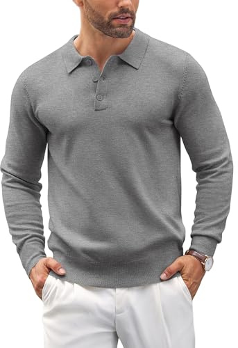 COOFANDY Mens Polo Jumper Long Sleeve Poloshirts Knitted Sweater Basic Sweatshirts Solid Color Pullover Grey M