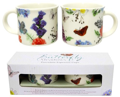 Puckator - Juego de dos tazas de café de porcelana con temática de mariposas, animales - Diseño original inglés Butterfly Meadows - Espresso Cup