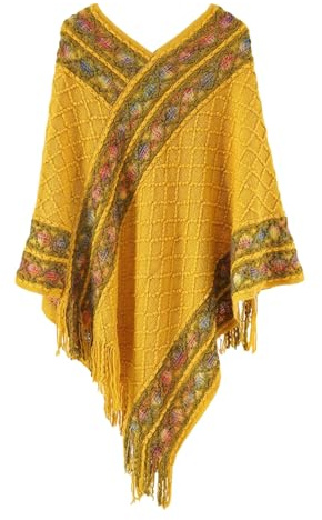 LIUYUYOUGO Mujer Invierno Poncho,Poncho De Punto Para Mujer Sin Mangas Cuello En V Capa De Punto Trenzado Flecos Boho Étnico Rombos Poncho De Ganchillo Abrigo Suéter De Punto Suave Top Amarillo