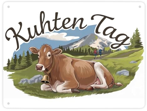 Braune Kuh auf Gras Metallschild XL in 21x28 cm mit Spruch Kuhten Tag Perfekt für Wanderer Charmante Deko mit Kuh und Glocke auf grüner Berglandschaft Bauernhof