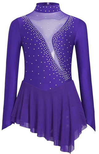 inhzoy Abito da Pattinaggio Artistico Bambina Balletto Leotard Manica Lunga Vestito Ballo Latino Tango Body Danza Classica Ballerina Costume da Danza Samba Salsa Dancewear Viola 5-6 Anni