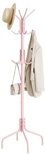 SONGMICS Coat Stand, Metal Coat Rack with 12 Hooks, 4 Legs, Hang Coats, Jackets, Hats, Bags, for Hallway Bedroom Office, Jelly Pink RCR031R01
