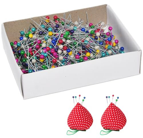 800 Stück Stecknadeln mit Kopf Groß mit 2 Erdbeer-Nadelkissen, 38mm Pinnadeln, Bunte Perlmutt-Stecknadeln Edelstahl Nähzubehör für Stoff, Handmade DIY und Schneiderprojekte