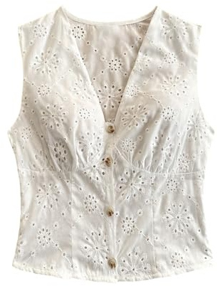 SweatyRocks Women's Eyelet Embroidery V Neck Button Down Vest Top Sleeveless Casual Dressy Blouse White X-Small