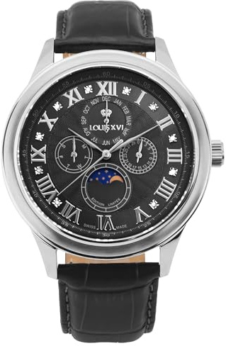 LOUIS XVI La Lune le Grand 1526 - Ø 45 mm - Herren Uhr - Wasserdicht - Uhr mit Saphirglas - Armband Schwarz - Zifferblatt Schwarz Diamanten - Mondphase - CH Quarzwerk