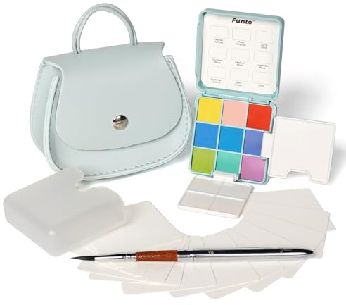 Funto Mini Watercolor Set Travel Kit with 9 Colors, Leather Bag & Watercolor Paper, Portable Drawing & Painting Supplies for Beginners, Art Gift Set