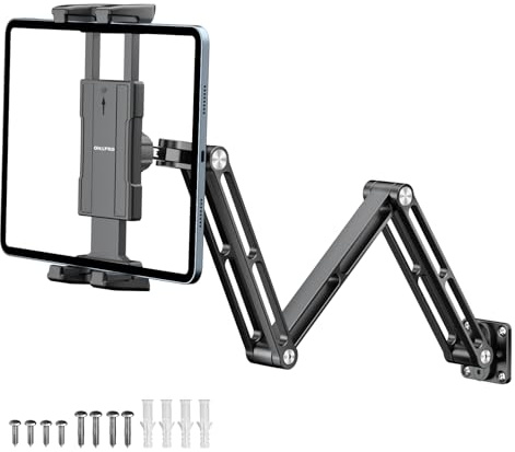 OHLPRO Aluminum Tablet Wall Mount Holder - 360° Adjustable & Extendable 3-Stage Arm for 5-13 iPad Pro/Air/Mini, Galaxy Tab | Heavy Duty Metal iPad Mount for Wall, Kitchen, Office