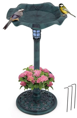 COSTWAY fågelbad med solcell, blomkruka, vattenskål och stativ, fågelmatningsstation retro, foderdispenser fågelmatare, vilda fåglar fågelbad trädgård gård terrass, Ø 43 x 76 cm (grön)