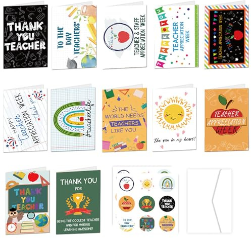 Paquete múltiple de 12 tarjetas de agradecimiento para profesores, tarjetas de felicitación de agradecimiento para profesores con sobres y calcomanías, perfectas para asistente de enseñanza, profesor