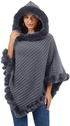 Rayson Womens Hooded Poncho Winter with Faux Fur Trim Knit Cape Coat Autumn Elegant Warm Plush Hooded Shawl(Grey)