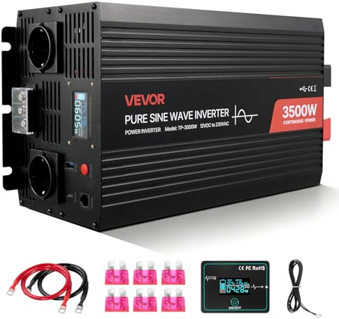 VEVOR Inverter di Corrente da 3500 W, Inverter a Onda Sinusoidale Pura da 12 V CC a 230 V CA, Convertitore per Caricabatteria Solare da Auto con Display LCD, Telecomando, Porte USB e Tipo C, Prese CA