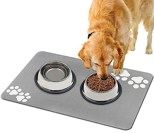 Katt- och hundmatskål, 60 x 40 cm halkfri husdjursmatningsmatta, vattentät och mat tass mönster vattentät matta hund platsskål (mörkgrå), JZRRSLUHK, ljusgrå
