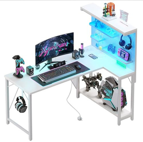 Xyphren 120 * 80 cm L-format gamingbord med hålväggstillbehör & hyllor, vändbart datorbord med 3 avtagbara hyllor för hemmet, sovrum och kontorsarbetsplats, Vit