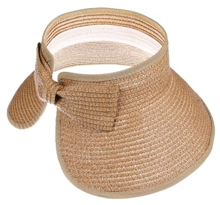 Girls Roll Up Straw Sun Visor, Wide Brim UV Protection Beach Hat with Bowknot and Adjustable Hook and Loop, Paper Straw, 4-Inch Brim(Khaki)