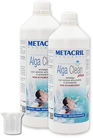 Metacril Alga Clean Plus + Bicchierino Dosatore Graduato, Elimina le Alghe, Non Schiumogeno, Azzurrante e Schiarente, per Piscina e Spa Idromassaggio - 1 LT (2 PZ)