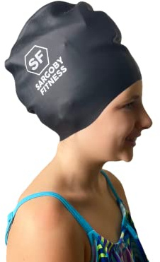 Sargoby Fitness Kids Long Hair Swimming Cap Use to Protect Dreadlocks Braids Locs from Getting Splashed Fits 8-10 & 6-8 Year Olds (Medium, Black)