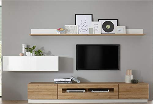 Beauty.Scouts Wohnkombination Roana II weiß/Grandson Oak hell Dekor 335x190x38-48cm Wohnzimmermöbel Wohnzimmerschrank Schrankwand TV-Schrank Fernsehschrank