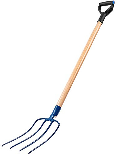 KADAX Forca da Giardino in Acciaio Resistente per Coltivazione e Lavori Agricoli, Forcone per Fieno con Manico Ergonomico in Legno (4 Denti)