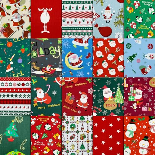 aufodara 20 piezas de tela de algodón de Navidad de 25 x 25 cm, paquete de tela para manualidades de Navidad, decoración de álbumes de recortes, costura, hecho a mano, 20 patrones diferentes