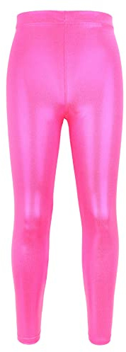 NewL Enfants Filles Pantalon de Danse Gymnastique Shiny Metallic Dance Leggings Skinny for Performances Costume (Rose Rouge, 7-8 Ans)