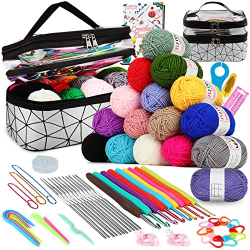 Coopay Juego de 71 agujas de ganchillo para principiantes, juego de ganchillo con bolsa y lana, ganchillo completo para regalos principiantes, plata
