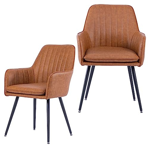 Purgreen Faux Leather Dining Chair Set of 2 - Modern Mid-Back Accent Chair with Metal Legs - Comfy Upholstered Chair for Living Room，Restaurant，Reception Room (Leather Whisky Brown, Set of 2)