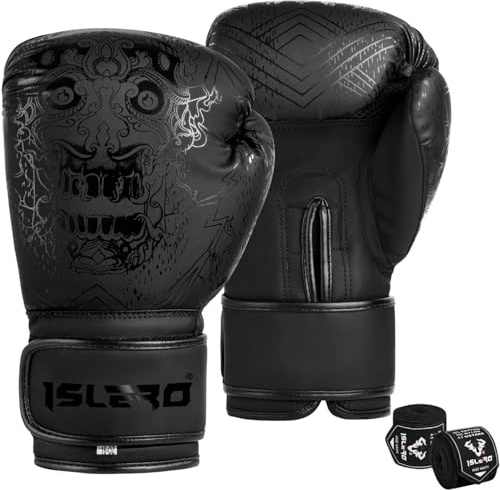 Islero Fitness Matte Black Boxing Gloves Men Punch Bag Women MMA Muay Thai Martial Arts Kick Boxing Sparring Training Fighting Gloves With Hand Wraps (Black, 14 OZ)