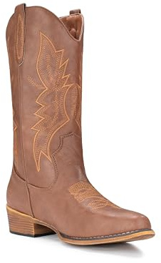 IUV Bottes de cowboy pour femme, bottes de cowgirl à enfiler à bout pointu, bottes mi-mollet, marron, 41 EU