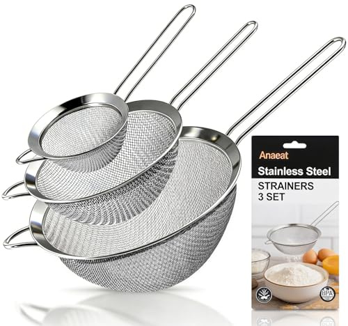 Anaeat Fine Mesh Strainers - Premium Stainless Steel Colander Sieve Sifters, with Durable Mesh and Sturdy Handle, Excellent for Sifting Dry ingredients, Flour, Pastas, Rice, Tea (2.8+4.73+7.09)