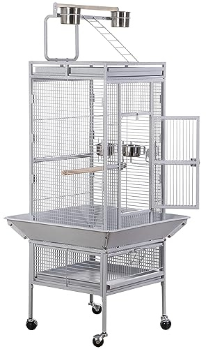 ZENY 61-inch Large Parrot Cockatiel Bird Cages with Wrought Iron Play Top, Aviary with Rolling Stand for Sun Parakeet Quaker Conure Lovebird Budgie Finch African Grey White Birdcage (White)