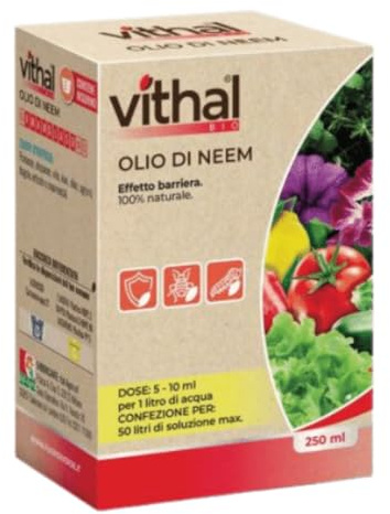 VITHAL Olio di Neem Integratore Naturale per Piante, 250 ml – Pet Friendly, Sicuro per l’Ambiente, Barriera Protettiva Contro Insetti, Uso Non Alimentare, Consentito in Agricoltura Biologica