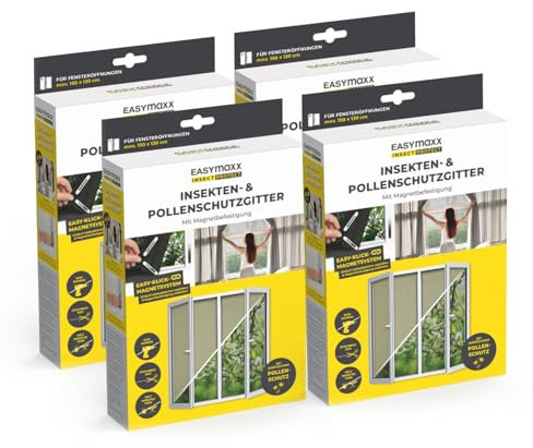 EASYmaxx Fliegengitter für Fenster mit Pollenschutz & Magic Click | Moskitonetz zuschneidbar für alle Fenster bis 150x130cm | Einfache Montage mit 12 Magneten - kein Bohren oder Schrauben [4 Stück]