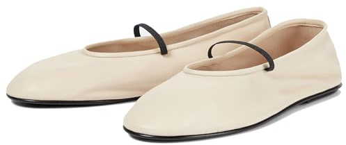 ATBELL Women's Elastic Leather Ballet Flats Round-Toe Slim Strap Ballerina Shoes Comfortable Mary Jane Flat Shoe, Cream, 8 UK