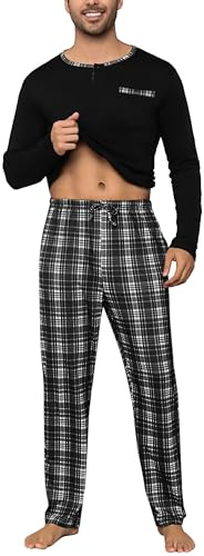 Litherday Pyjama Homme Hiver Chaud Coton à Manches Longues Vêtements De Nuit pour Hommes Deux Pièces Pantalon et Haut à Carreaux