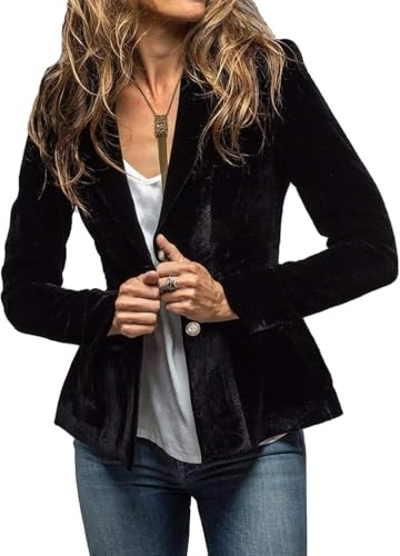 Giacca Blazer in Velluto Vintage da Donna Giacca Cardigan A Maniche Lunghe con Risvolto Casual Moda Bottoni Corti con Tasche Giacca Elegante Abbigliamento da Lavoro (Nero,L)