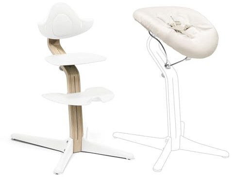 Stokke Nomi Silla (White) + Newborn Set (White Grey Sand) - Incluye un Arnés de Seguridad de Cinco Puntos y Un Set de Tela Reversible y Lavable - Soporta hasta 150 kg