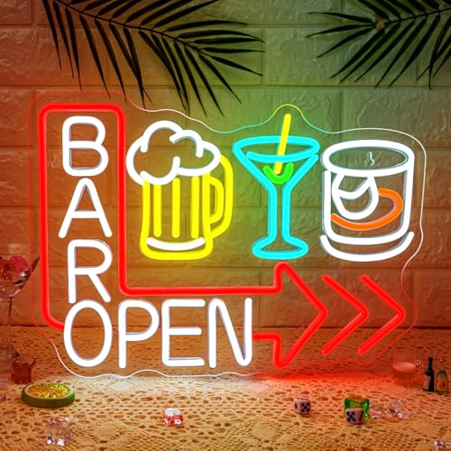 ineonlife Cartel de neón para bar abierto rojo, cartel LED bar abierto, señal de neón para cerveza y cóctel para decoración de pared, letreros luminosos de vaso de vino para bares, cervecerías